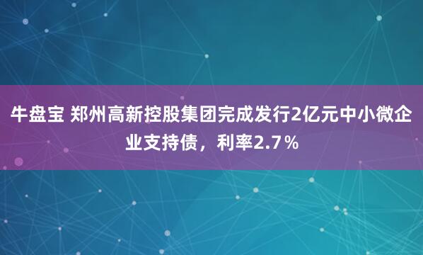 牛盘宝 郑州高新控股集团完成发行2亿元中小微企业支持债，利率2.7％